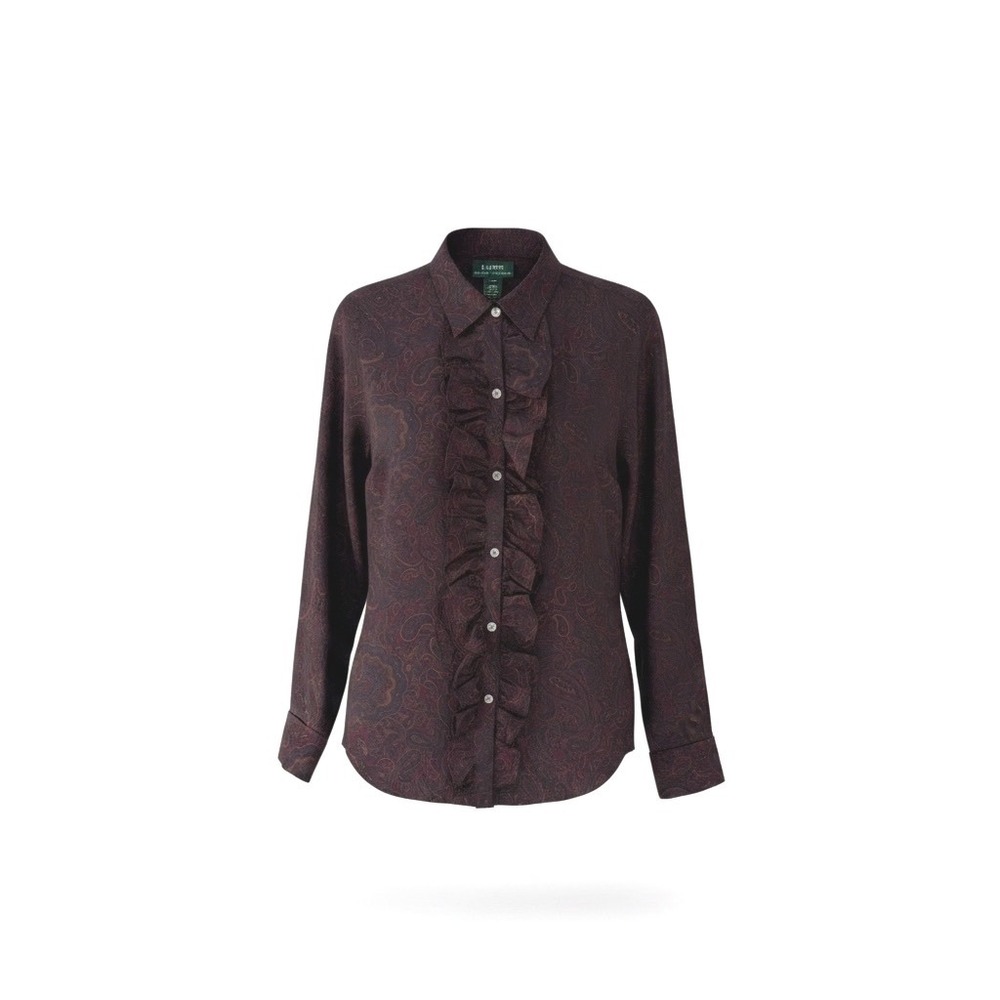 Lauren Ralph Lauren Silk Paisley Ruffle Front Blouse Burgundy Purple Small